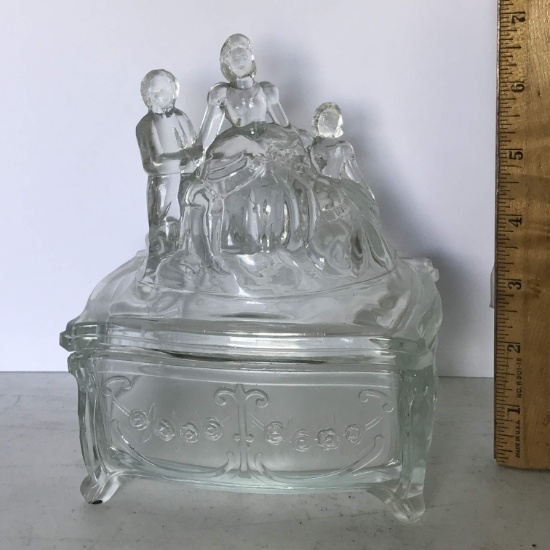 Vintage Glass Lidded Dish with Victorian Woman & Children