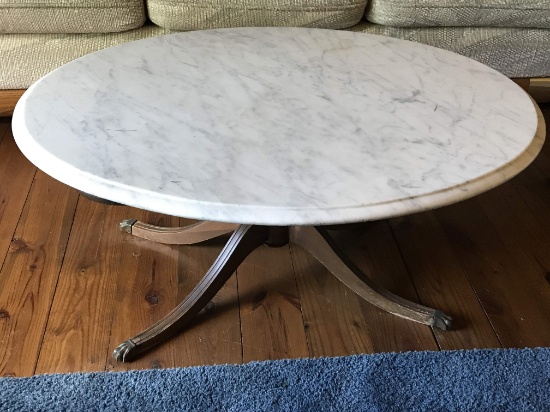 Vintage Duncan Phyfe Style Oval Coffee Table with Marble Top
