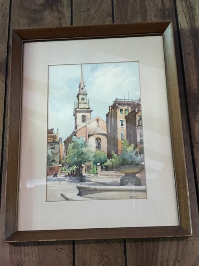 Framed Watercolor with Church Scene Signed Marc
