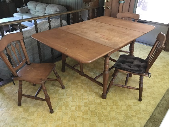 Vintage Wooden Drop Leaf Dining Table with 3 Chairs