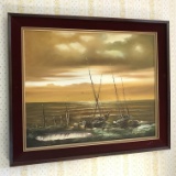 Vintage Ocean & Boat Scene Oil Painting with Velvet & Wooden Frame