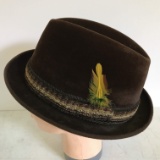 Handsome Brown Velour Berg Fedora with Feather Size 7-1/4