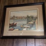 Vintage Framed Boat Yard Watercolor Signed “Marc”