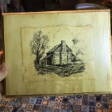 1973 Log Cabin Print on Wood Signed C. Smith