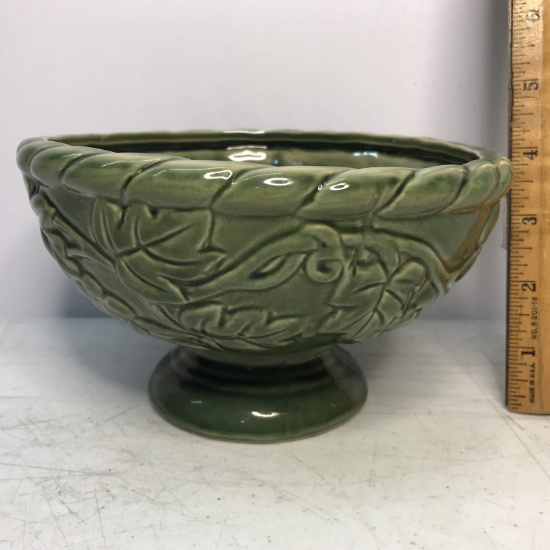 Pretty Green Pedestal Pottery Planter with Embossed Grape Design Signed Potteries Hosley