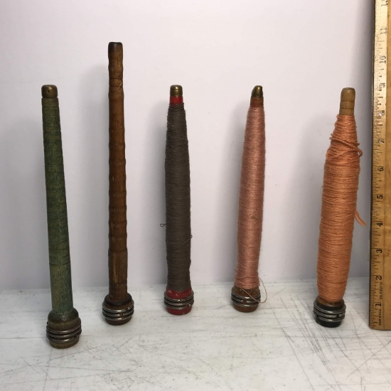 Lot of 5 Antique Wooden Industrial Bobbins - Some with Thread!