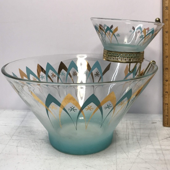 Vintage Turquoise & Gold Glass Serving Bowl & Dip Bowl Set