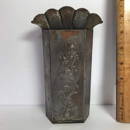 Vintage Metal Match Stick Holder with Embossed Floral Design