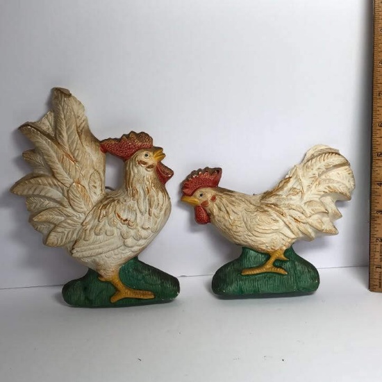 Pair of Vintage Plaster Rooster Wall Hangings