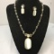 Silver Tone Necklace with Large Opalescent Stone & Matching Pierced Earrings