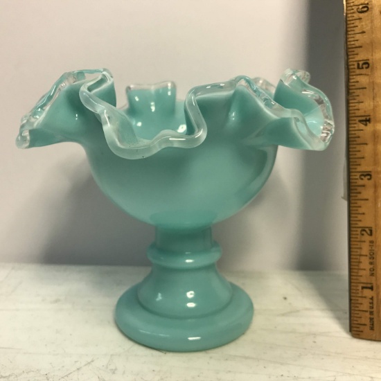 Gorgeous Light Turquoise Pedestal Bowl with Ruffled Edge Possibly Fenton