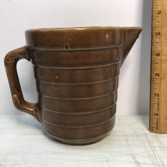 Nice Vintage Ribbed Brown Pottery Pitcher USA