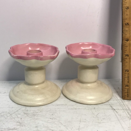 Beautiful ERPHILA Pottery Candlesticks with Pink Tops - Made in Czechoslovakia