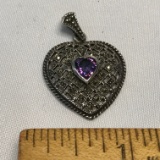 Sterling Silver Heart Pendant with Purple & Marcasite Stones