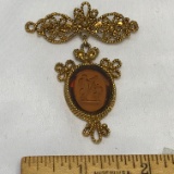 Vintage Gold Tone Pin with Hanging Etched Pendant