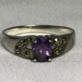 Sterling Silver Vintage Ring with Purple & Marcasite Stones Size 7.5