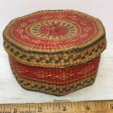 Vintage Octagonal Multi-Colored Woven Sweet Grass Grass Basket with Lid