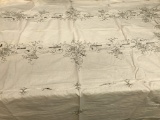 Vintage Embroidered Gray & Ivory Table Cloth