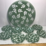 17” Sage Green Glass Platter/Bowl with Leaf Design & 8 Matching Bowls