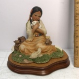Native American Indian Squaw Statue on Wood Base