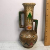 Double Handled Tall Pottery Vase with Native American Design