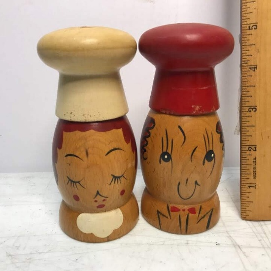 Pair of Vintage Wooden Chef Salt & Pepper Shakers - Made in Japan