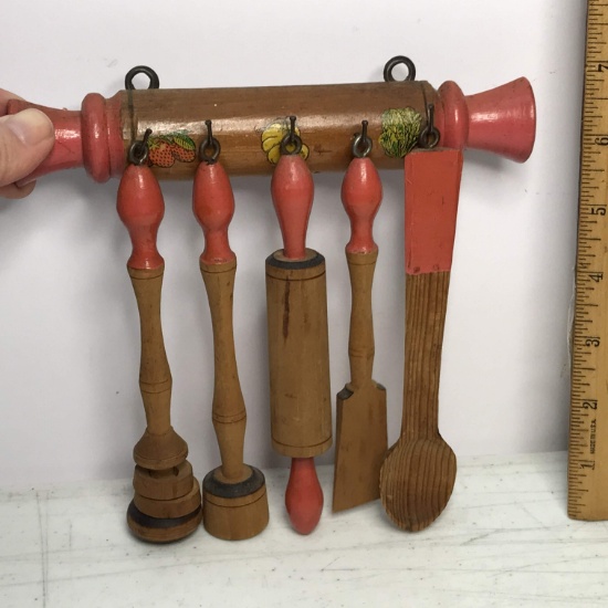 Vintage Wooden Rolling Pin with Miniature Utensils Wall Hanging