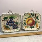Pair of Hand Painted Square Fruit Plate Wall Hangings - Made in Italy