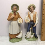 Pair of Porcelain figurines Man & Woman Feeding Ducks & Chicken