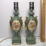 Pretty Vintage Floral Porcelain Lamps with Gilt Accent