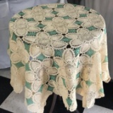 Beautiful Hand Crocheted Round Table Cloth in Beige & Green