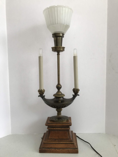 Vintage Brass & Wood Genie Style Lamp with 3 Bulbs