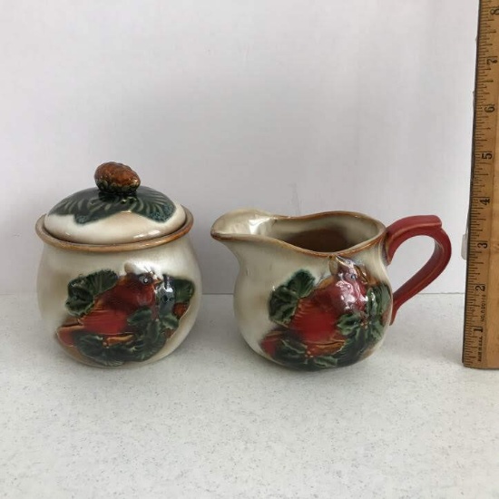 Set of Glazed Pottery Creamer & Lidded Sugar with Cardinal Design