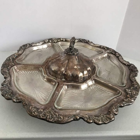 Vintage Silver Plated Lazy Susan Style Spinning Condiment Tray with Cheese Dome