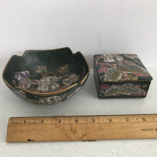 Oriental Porcelain Floral Bowl with Gilt Edging & Matching Trinket Box