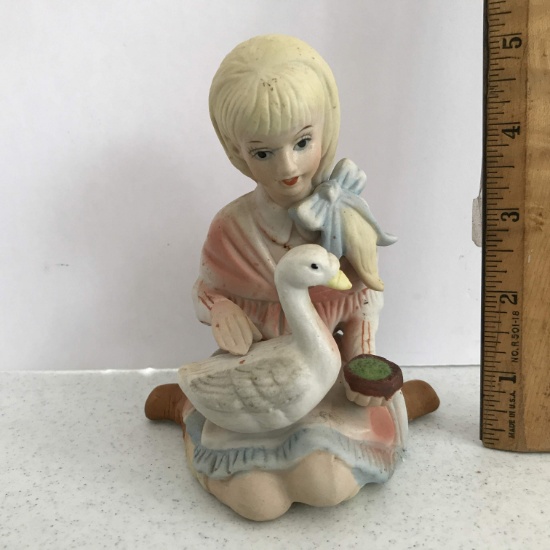 Porcelain Figurine with Girl Feeding Duck