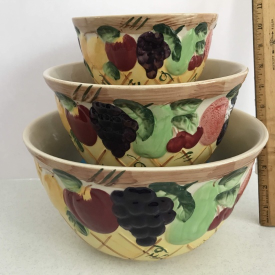 Beautiful Vintage Pottery Nesting Bowls with Embossed Fruit Design