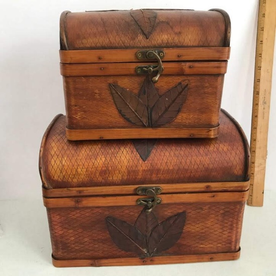 Pair of Thomas Pacconi Wooden Chests with Leaf Embellishments