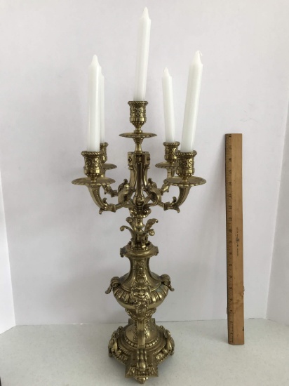 Amazing Vintage Heavy Brass 5 Candle Candelabra with Claw Feet & Face