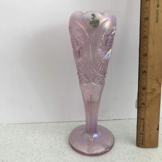 Beautiful Pink Iridescent Glass FENTON Vase Signed On Bottom with Original Foil Label