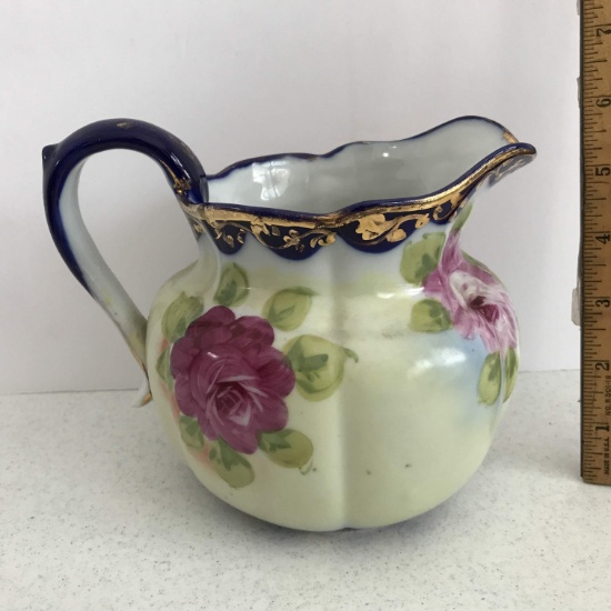 Vintage Porcelain Floral Pitcher with Gilt Edge