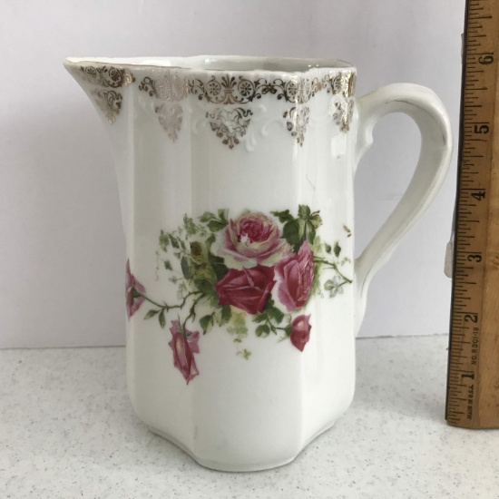 Porcelain Floral Pitcher with Gilt Rim