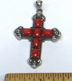 Sterling Silver Large Cross Pendant with Red Stones