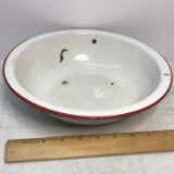 Vintage White Enamel Bowl with Red Rim