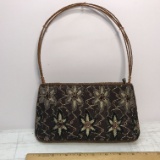 Pretty Beaded Brown Floral Purse with Brown Satin Lining