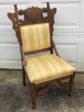 Impressive Antique Side Chair with Ornately Hand Carved Top & Gold Upholstered Seat & Back