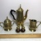 Vintage Brass Teapot, Creamer & Sugar with Brass & Wood Salt & Pepper Shakers
