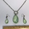 Green Drop Pedant on Silver Tone Chain with Matching Pierced Earrings