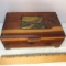 Vintage Wooden Dove Tailed Jewelry Box with Mountain Scene with Misc Jewelry