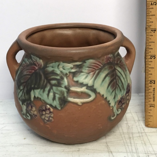 Vintage Roseville Double Handled Pottery Planter with Embossed Grape & Grape Leaf Design